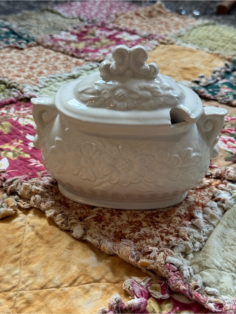 Vintage White Ceramic Covered Sugar Bowl with Floral Relief